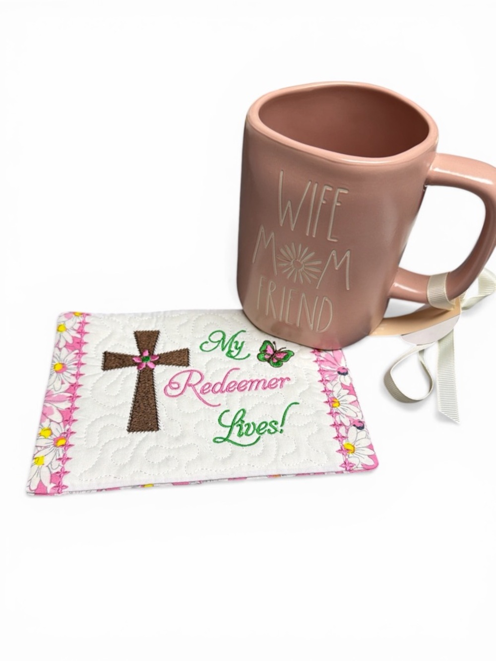 Hand Crafted Mug Rug Coaster Embroidered Cotton My Redeemer Lives Pink White - Picture 3 of 7